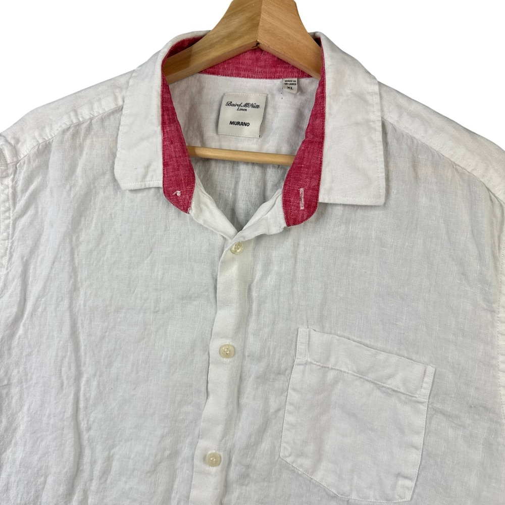 Murano Baird McNutt Linen Shirt Mens XL White Short Sleeve Striped Hem Button Up